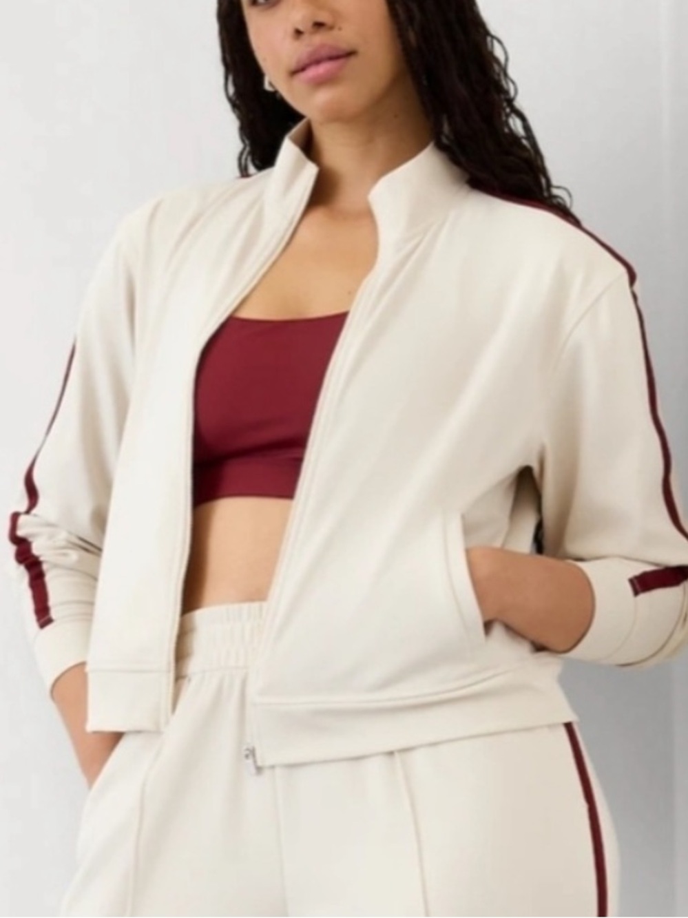 BOGO! NWT Athleta Finish Line Track Jacket Retro Cream Burgundy Small